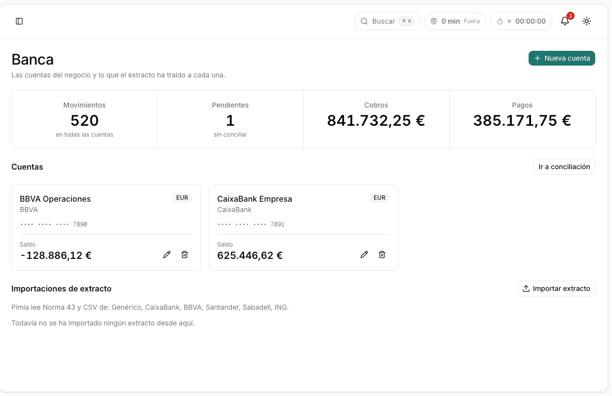 La pantalla de banca en Pimia: cuentas, saldos e importación de extracto