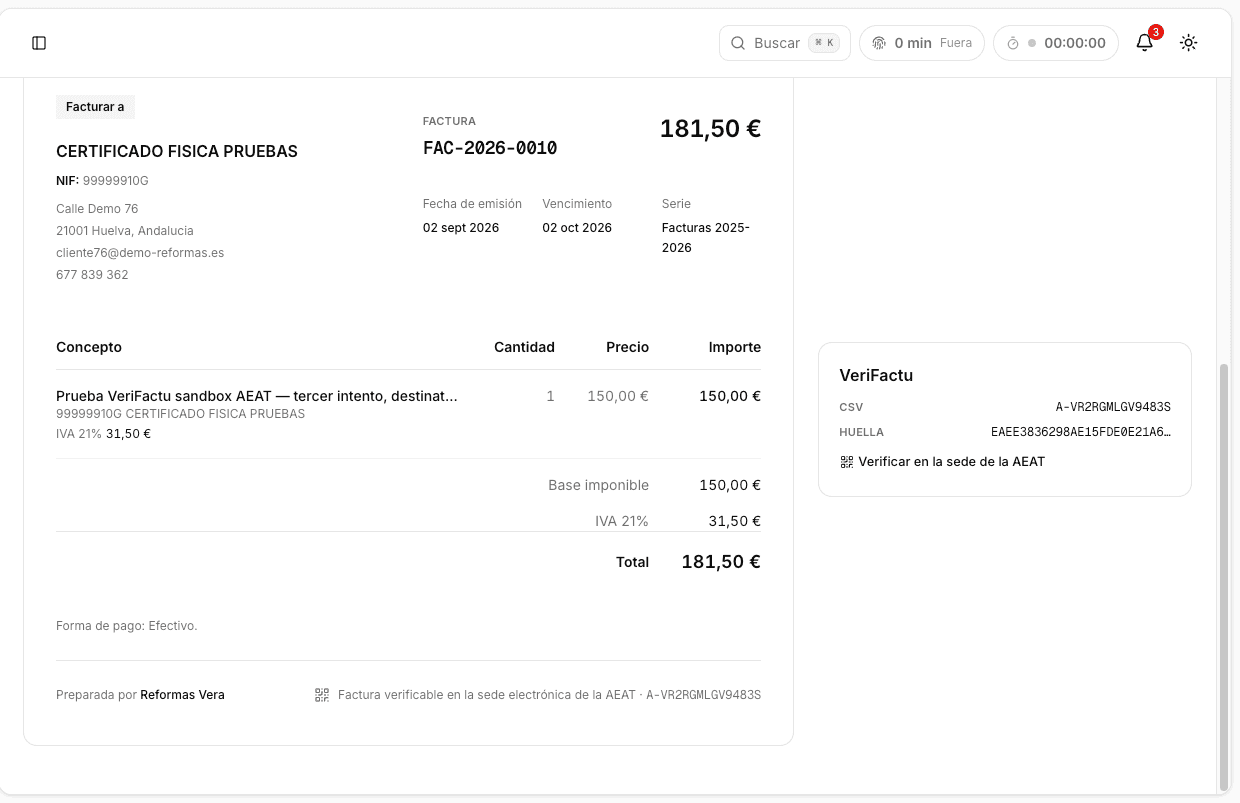 Una factura de Pimia con su CSV y su huella de VeriFactu