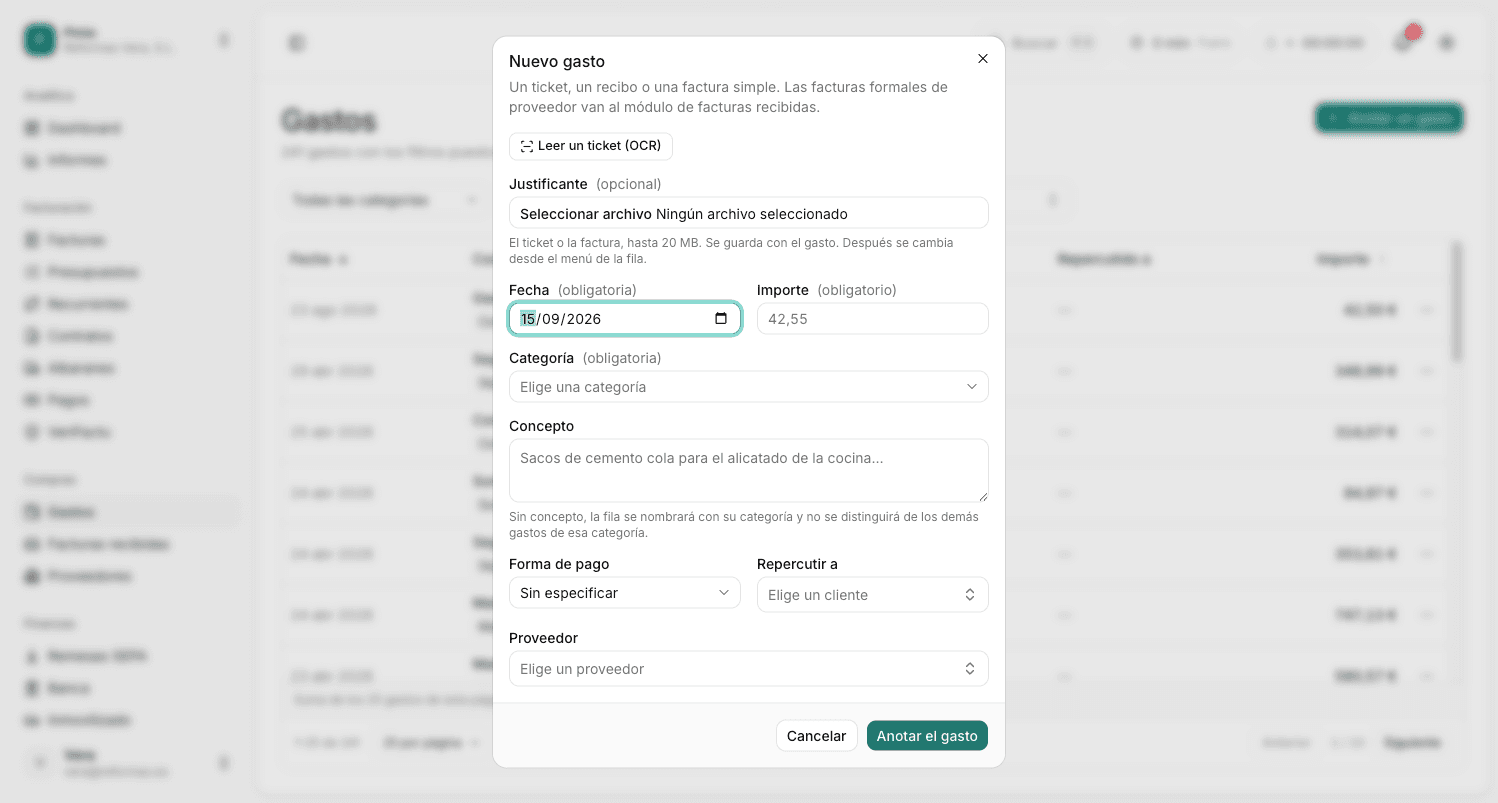 El diálogo de nuevo gasto en Pimia, con «Leer un ticket (OCR)»
