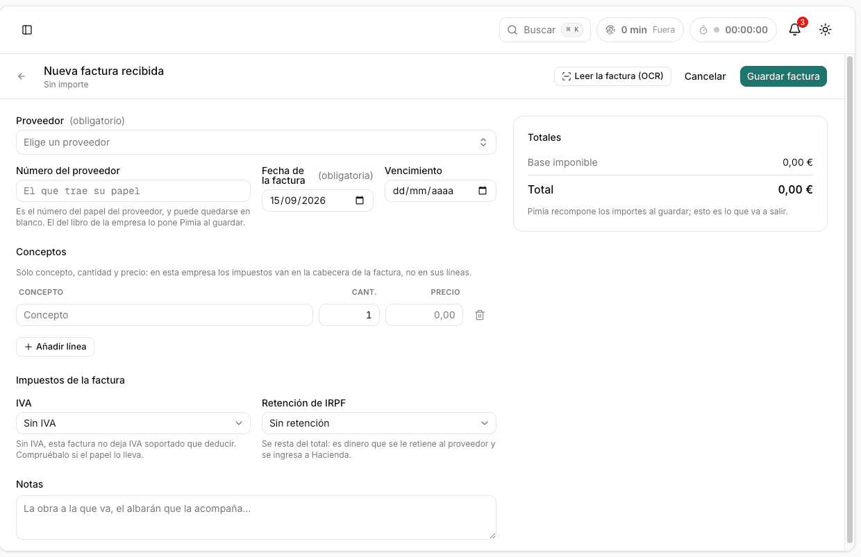 Nueva factura recibida en Pimia, con «Leer la factura (OCR)»